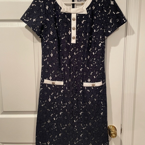 Navy Lace dresswith White Trim and crystal Buttons - Picture 5 of 5